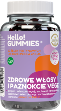 Hello! GUMMIES, 60 wegańskich żelków na włosy i paznokcie w fioletowym słoiku z białą nakrętką, widok z przodu.