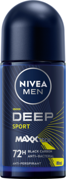 Ciemnoniebieski antyperspirant NIVEA MEN Deep Sport 72H z czarnym węglem, widok z przodu, 50ml.