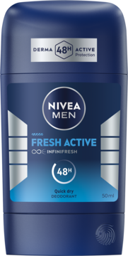 Ciemnoniebieski dezodorant w sztyfcie NIVEA MEN Fresh Active, 48H ochrony, z białymi napisami, widok z przodu.