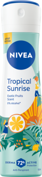 NIVEA Tropical Sunrise antyperspirant 72h, zapach egzotycznych owoców. Biała butelka z palmami i cytrusami.