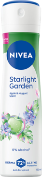 Antyperspirant NIVEA Starlight Garden w sprayu, biała butelka z zielonym jabłkiem i fioletowymi kwiatami, 72h ochrona.