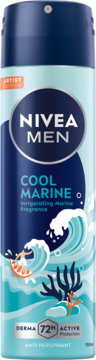 Niebieski antyperspirant NIVEA MEN Cool Marine w sprayu z grafiką fal, surferem i pomarańczą. 72h ochrona.