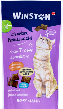 WINSTON ,karma uzupełniająca dla dorosłych kotów, chrupiące poduszeczki nadziewane kocią trawą i kocimiętką,przód