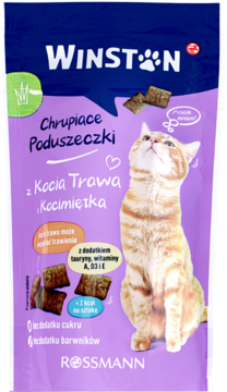 Fioletowa torebka Winston chrupiących poduszeczek z kocią trawą i kocimiętką dla kotów, z rudym kotem.