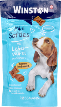 Winston Mini Softies dla psów, turkusowa paczka z beaglem i smakołykami wątrobianymi, widok z przodu.