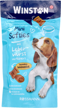 Winston Mini Softies dla psów, turkusowa paczka z beaglem i smakołykami wątrobianymi, widok z przodu.
