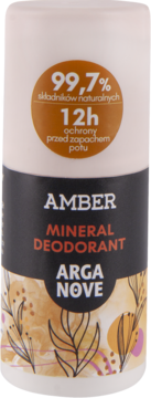 Biały Arganove Mineralny Deodorant Amber w cylindrycznej butelce, 99.7% naturalny, 12h ochrony, widok z przodu.