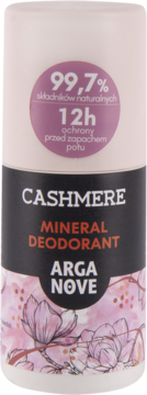 Mineralny dezodorant Cashmere Arganove, biała butelka z czarną etykietą, 12h ochrony, kwiatowy wzór, widok z przodu.