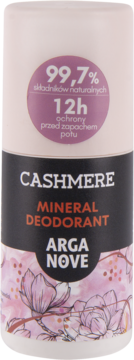 Mineralny dezodorant Cashmere Arganove, biała butelka z czarną etykietą, 12h ochrony, kwiatowy wzór, widok z przodu.