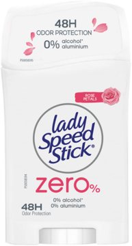 Lady Speed Stick Zero% Rose Petals, biały dezodorant w sztyfcie, 48h ochrony, 0% aluminium, widok z przodu.