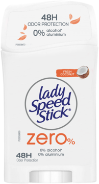 Biały Lady Speed Stick Zero% Fresh Coconut, dezodorant w sztyfcie, widok z przodu, bez aluminium.