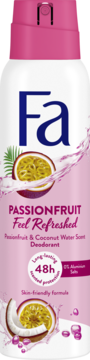 Dezodorant Fa Passionfruit & Coconut Water 48h w białym sprayu, różowa nasadka, widok z przodu.