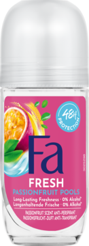 Fa roll-on antyperspirant Passionfruit Pools, różowa etykieta z marakują, 48h ochrony, widok z przodu.