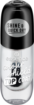 Essence colour shield TOP COAT, przezroczysta butelka z czarną nakrętką. Zapewnia żelowe wykończenie i szybkie schnięcie.