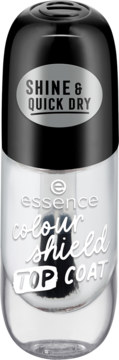 Essence colour shield TOP COAT, przezroczysta butelka z czarną nakrętką. Zapewnia żelowe wykończenie i szybkie schnięcie.
