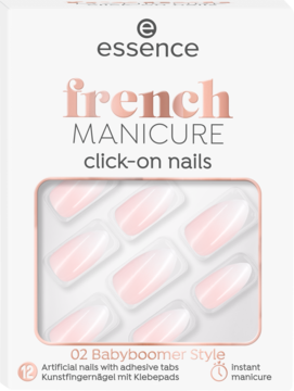 Essence French Manicure click-on nails Babyboomer Style, białe pudełko z widocznymi jasnoróżowymi paznokciami, widok z przodu.