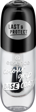 Essence Colour Grip Base Coat, przezroczysta baza do paznokci z napisem LAST & PROTECT, czarna nakrętka, widok z przodu.