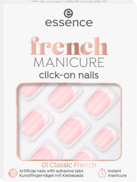 Białe opakowanie Essence French Manicure click-on nails, widoczne różowe sztuczne paznokcie z białymi końcówkami.