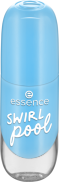 Błękitny lakier do paznokci Essence Gel Nail Colour Swirl Pool, lśniąca butelka z białym napisem, widok z przodu.