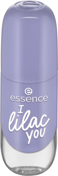Żelowy lakier Essence Gel Nail Colour 'I Lilac You' w pastelowym fiolecie, butelka, widok z przodu.