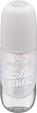 Żelowy lakier Essence Gel Nail Colour Dazzling Shell nr 18. Perłowy, półprzezroczysty z brokatem, widok z przodu.