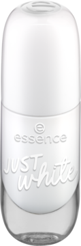 Biały żelowy lakier Essence Gel Nail Colour Just White #33, widok z przodu, butelka szkło i biel.