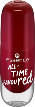 Bordo lakier do paznokci Essence Gel Nail Colour All Time FavouRED, butelka z logo i białym napisem, widok z przodu.