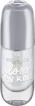 Żelowy lakier Essence Gloss N' ROLL, przezroczysta butelka ze srebrną nakrętką i białym napisem.