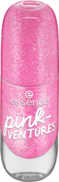 Różowy lakier Essence Gel Nail Colour Pink-Ventures z intensywnym brokatem, butelka widziana z przodu.