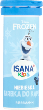 Isana Kids niebieska farbka do kąpieli z Olafem, o zapachu jagód, w jasnoniebieskiej butelce. Widok z przodu.
