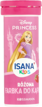Isana Kids Disney Princess różowa farbka do kąpieli, truskawka, z Rapunzel, widok z przodu butelki Rossmann.