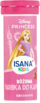 Isana Kids Disney Princess różowa farbka do kąpieli, truskawka, z Rapunzel, widok z przodu butelki Rossmann.