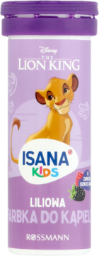 Liliowa butelka Isana Kids Farbka do Kąpieli o zapachu jagód, z Simbą z Króla Lwa, widok z przodu.