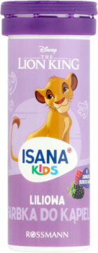 Liliowa butelka Isana Kids Farbka do Kąpieli o zapachu jagód, z Simbą z Króla Lwa, widok z przodu.