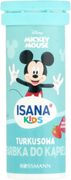 Turkusowa Farbka do Kąpieli Isana Kids, opakowanie z Myszką Miki, o zapachu truskawkowym.