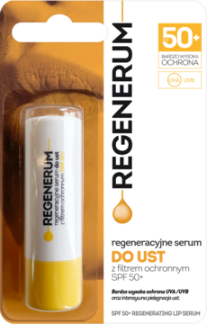 Regenerum serum do ust SPF 50+ w żółto-białym sztyfcie, widoczne w pomarańczowym blisterze.
