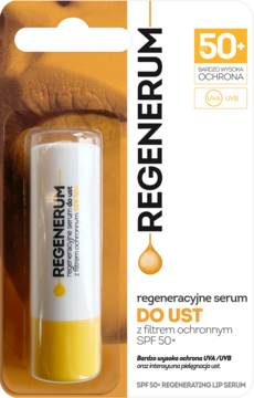 Regenerum serum do ust SPF 50+ w żółto-białym sztyfcie, widoczne w pomarańczowym blisterze.