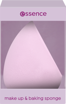 Gąbeczka Essence Make Up & Baking Sponge, lawendowa, kształt ściętej łzy, w przezroczystym pudełku.