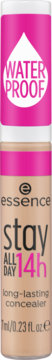 Essence Stay All Day 14h długotrwały korektor w beżowej butelce z różową nakrętką, widoczny napis WATERPROOF.