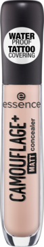 Essence Camouflage+ MATT concealer, light rose, waterproof, tattoo covering, in clear tube with black cap, front view.