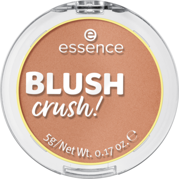 Róż do policzków Essence Blush Crush Caramel Latte nr 10, ciepły odcień w okrągłym kompakcie.