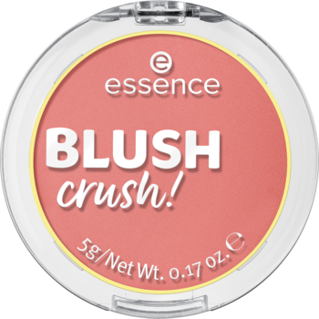 Essence Blush Crush – okrągły róż do policzków w ciepłym, brzoskwiniowym odcieniu, widok z góry na biały kompakt z logo.