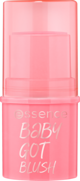 Róż w sztyfcie Essence Baby Got Blush Tickle Me Pink, jasnoróżowy, pionowo, z srebrnym napisem.