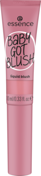 Essence Baby Got Blush, płynny róż do policzków w różowej tubce, z aplikatorem gąbkowym, widok z przodu.