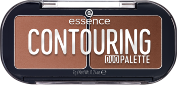 Essence Contouring Duo Palette: otwarte czarne opakowanie z dwoma matowymi pudrami do konturowania, widok z góry.
