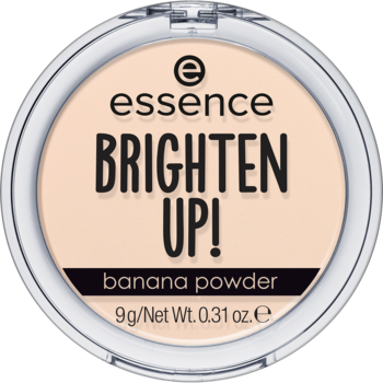 Puder matujący Essence Brighten Up! banana powder w okrągłym opakowaniu, widok z góry, beżowo-żółty odcień.