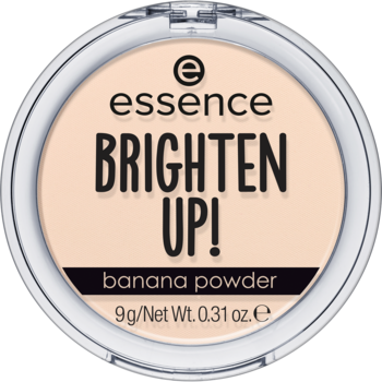 Puder matujący Essence Brighten Up! banana powder w okrągłym opakowaniu, widok z góry, beżowo-żółty odcień.