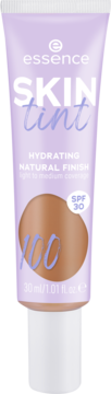 Essence Skin Tint nawilżający podkład w fioletowej tubce, odcień 100, z SPF 30, widok z przodu.