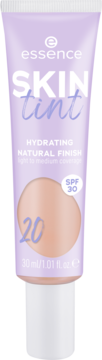 Fioletowa tubka Essence Skin Tint SPF 30 o naturalnym wykończeniu, odcień 20, z beżowym wzornikiem. Widok z przodu.