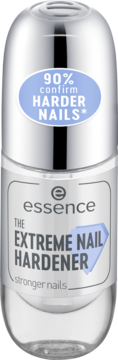 Przezroczysta odżywka Essence Extreme Nail Hardener, butelka z srebrną nakrętką, widok z przodu, wskazuje 90% twardszych paznokci.
